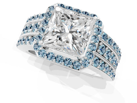 White gold Princess Cut Halo Diamond Ring with Round with Aquamarine side stone Split Shank and Prong Setting_1