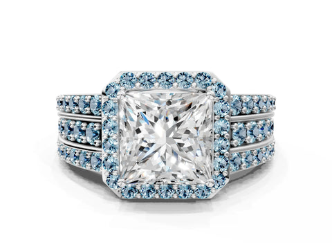 White gold Princess Cut Halo Diamond Ring with Round with Aquamarine side stone Split Shank and Prong Setting_24