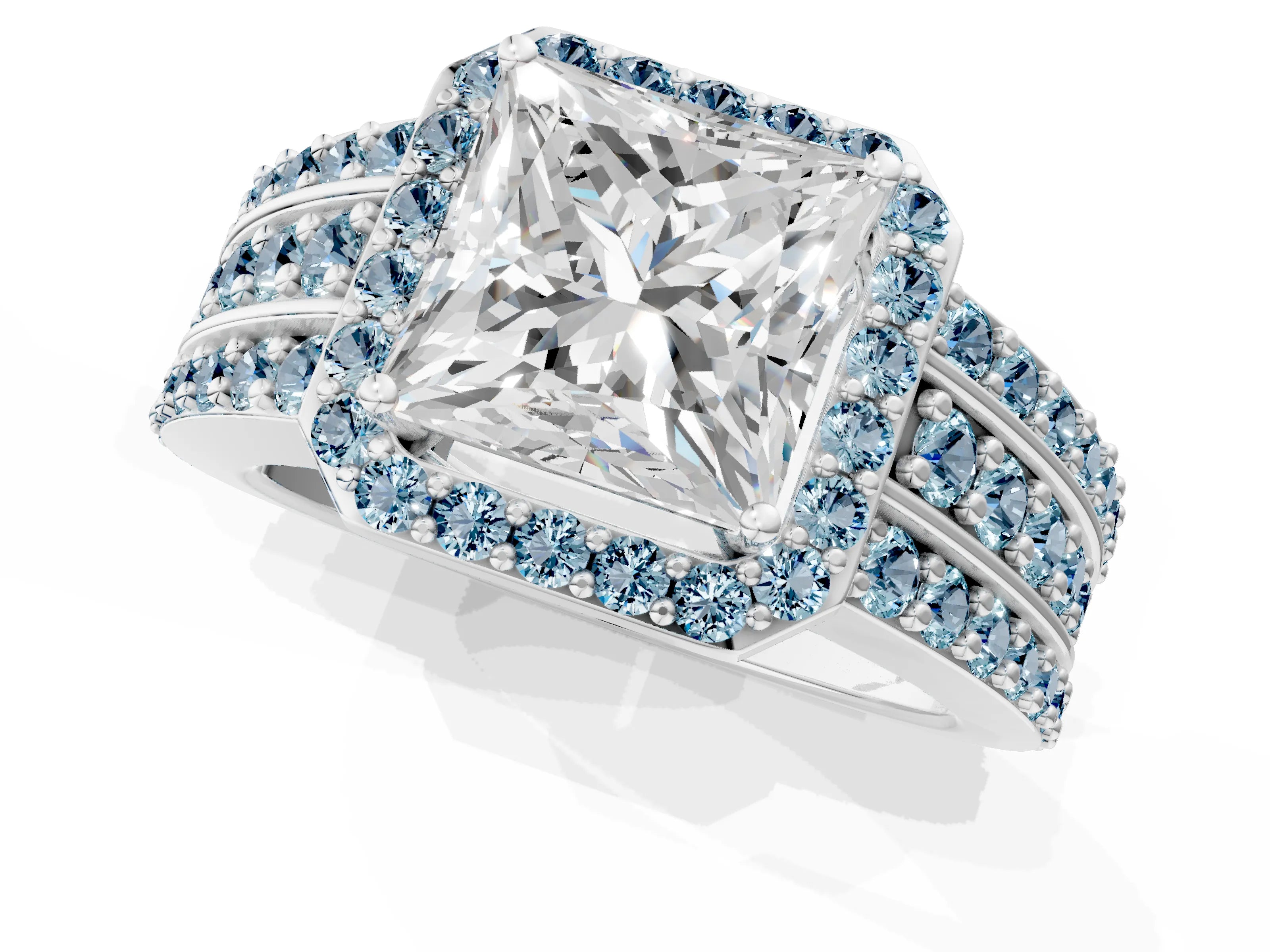 White gold Princess Cut Halo Diamond Ring with Round with Aquamarine side stone Split Shank and Prong Setting_25