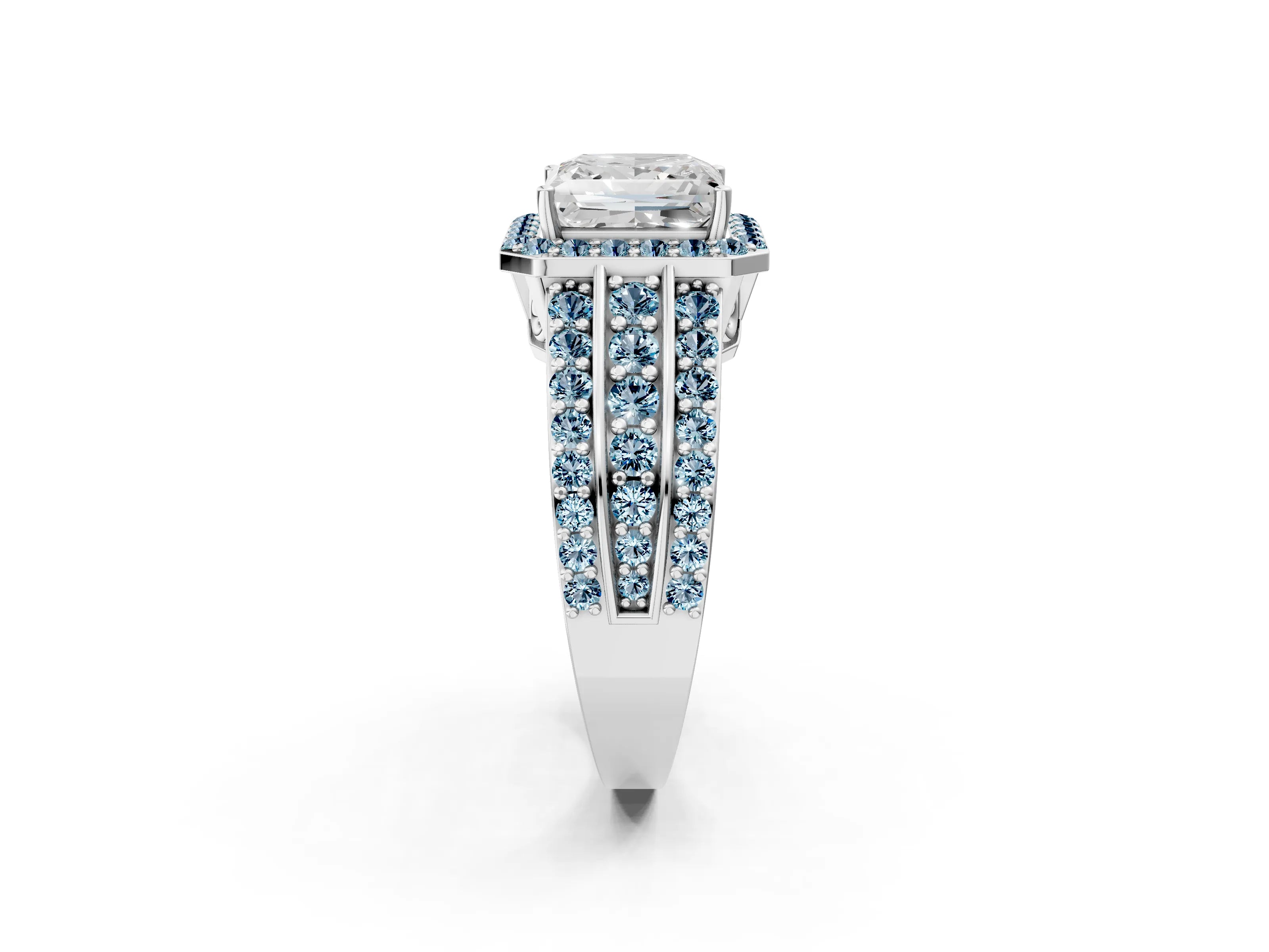 White gold Princess Cut Halo Diamond Ring with Round with Aquamarine side stone Split Shank and Prong Setting_26
