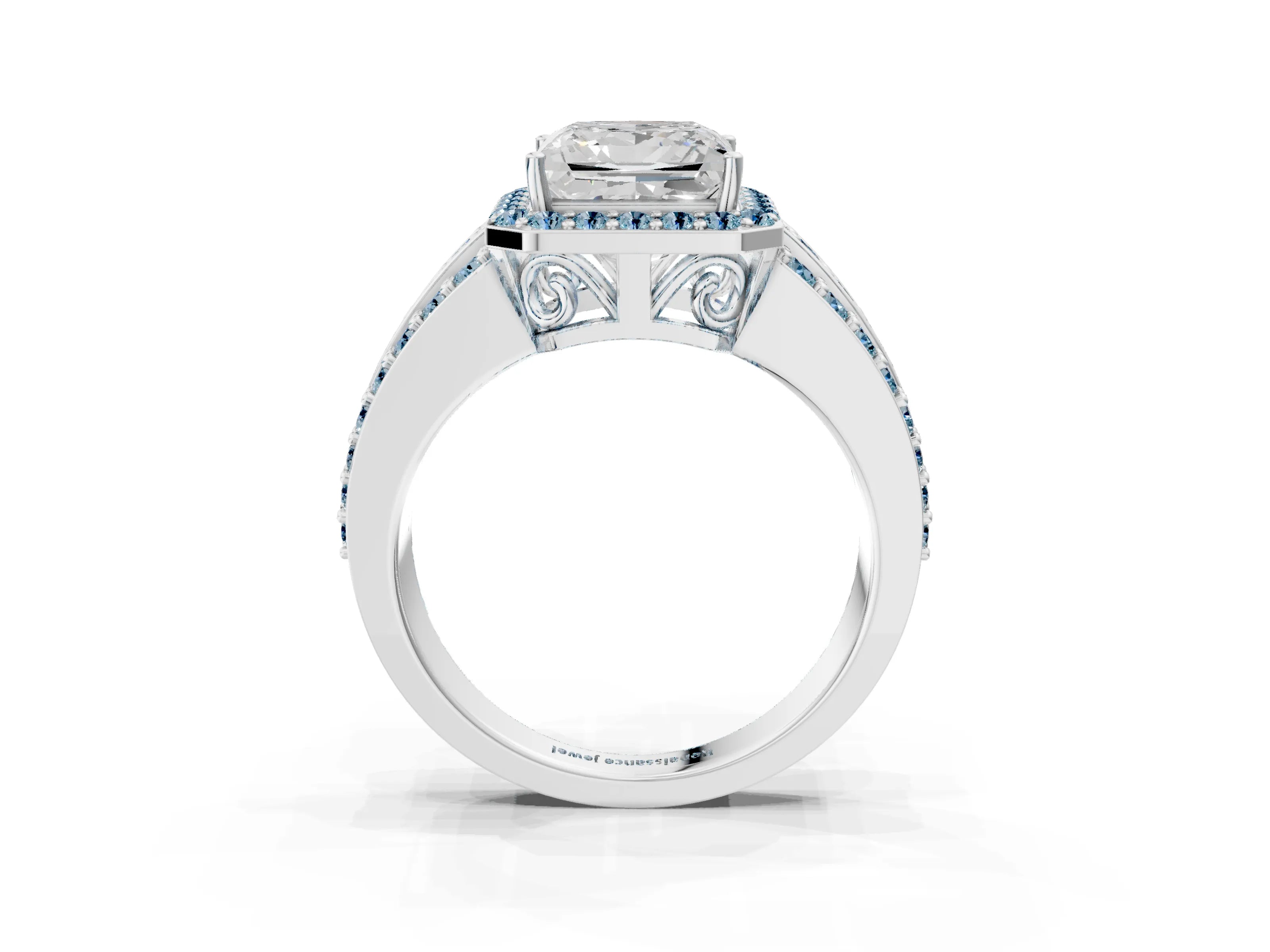 White gold Princess Cut Halo Diamond Ring with Round with Aquamarine side stone Split Shank and Prong Setting_27