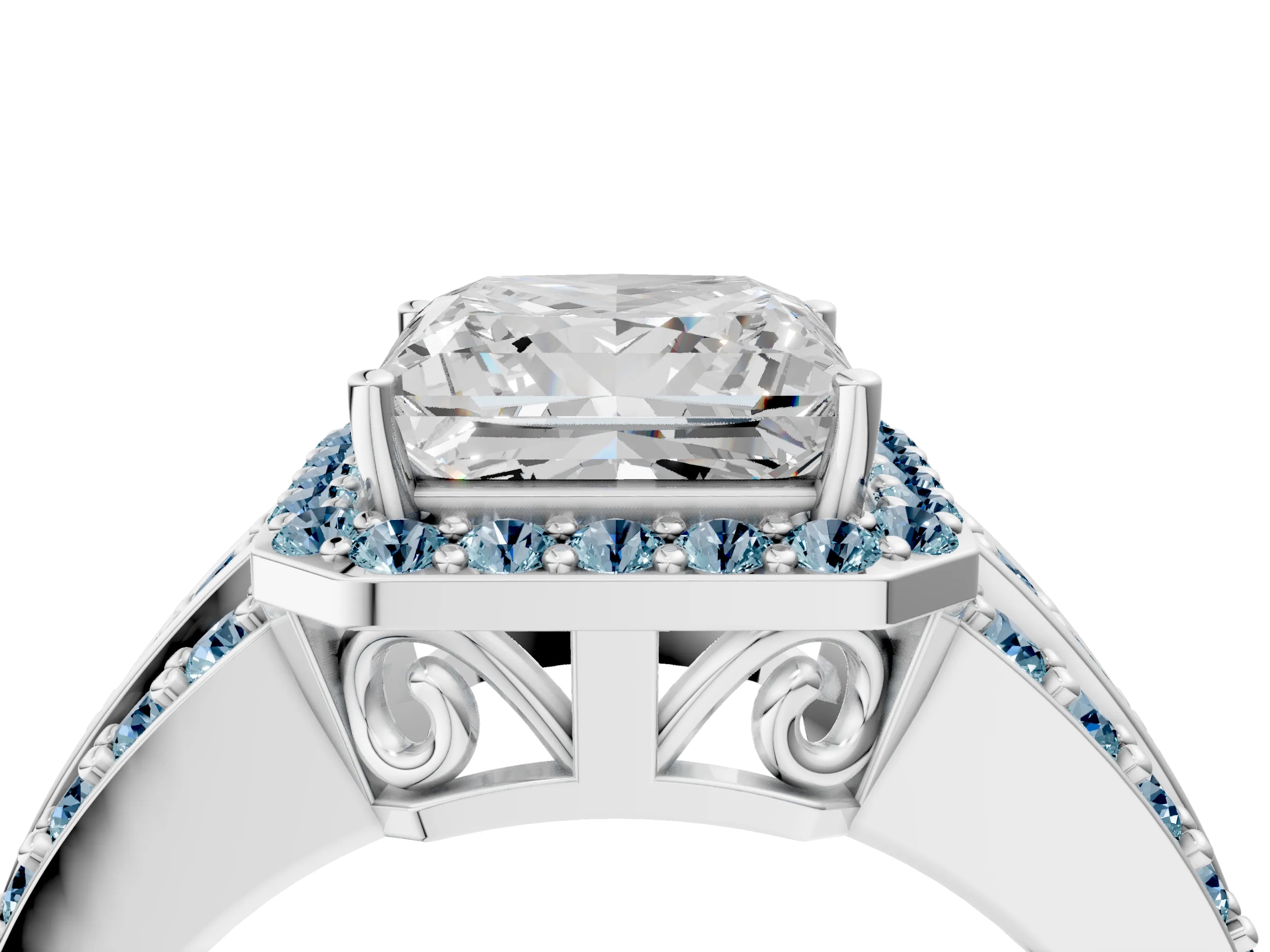 White gold Princess Cut Halo Diamond Ring with Round with Aquamarine side stone Split Shank and Prong Setting_28