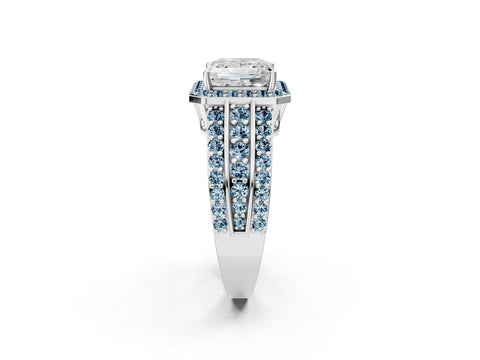 White gold Princess Cut Halo Diamond Ring with Round with Aquamarine side stone Split Shank and Prong Setting_2