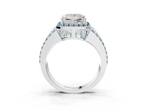 White gold Princess Cut Halo Diamond Ring with Round with Aquamarine side stone Split Shank and Prong Setting_3