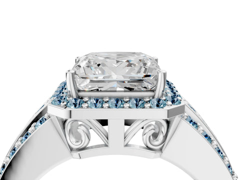 White gold Princess Cut Halo Diamond Ring with Round with Aquamarine side stone Split Shank and Prong Setting_4