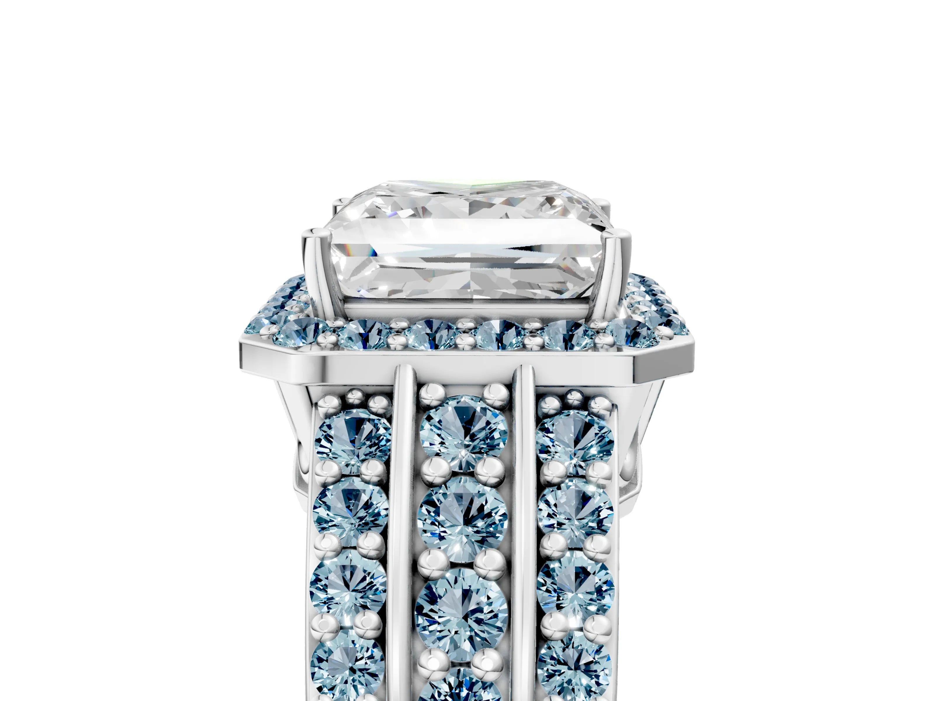White gold Princess Cut Halo Diamond Ring with Round with Aquamarine side stone Split Shank and Prong Setting_5