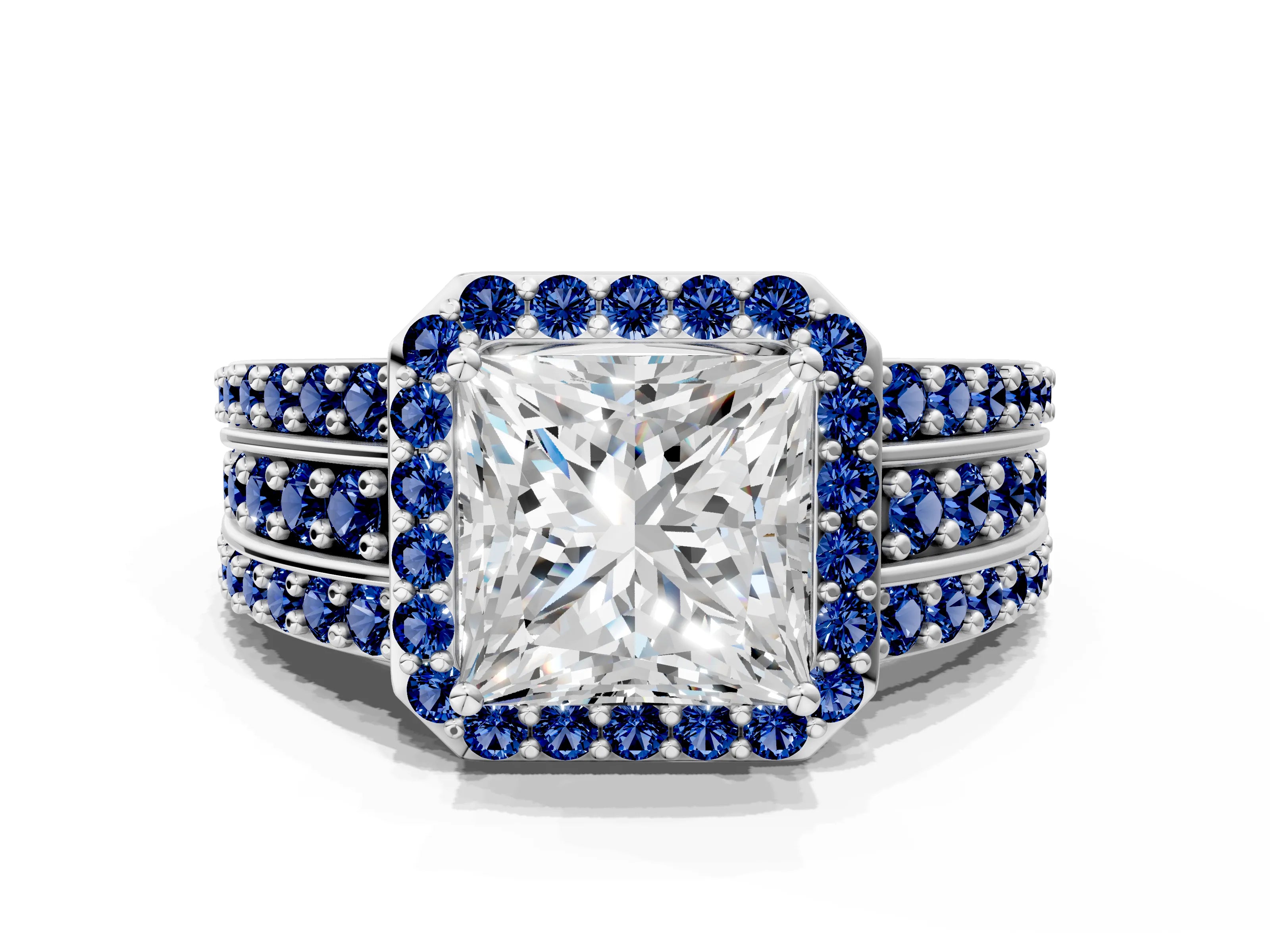 White gold Princess Cut Halo Diamond Ring with Round with Blue Sapphire side stone Split Shank and Prong Setting_24
