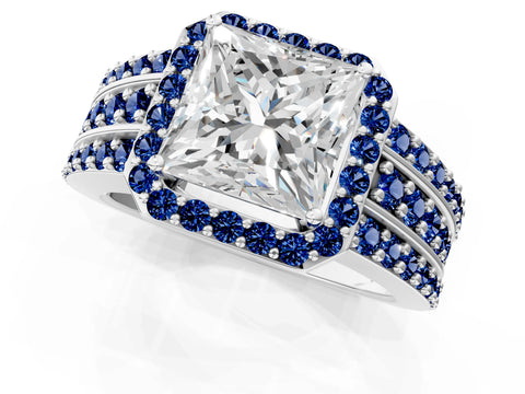 White gold Princess Cut Halo Diamond Ring with Round with Blue Sapphire side stone Split Shank and Prong Setting_25
