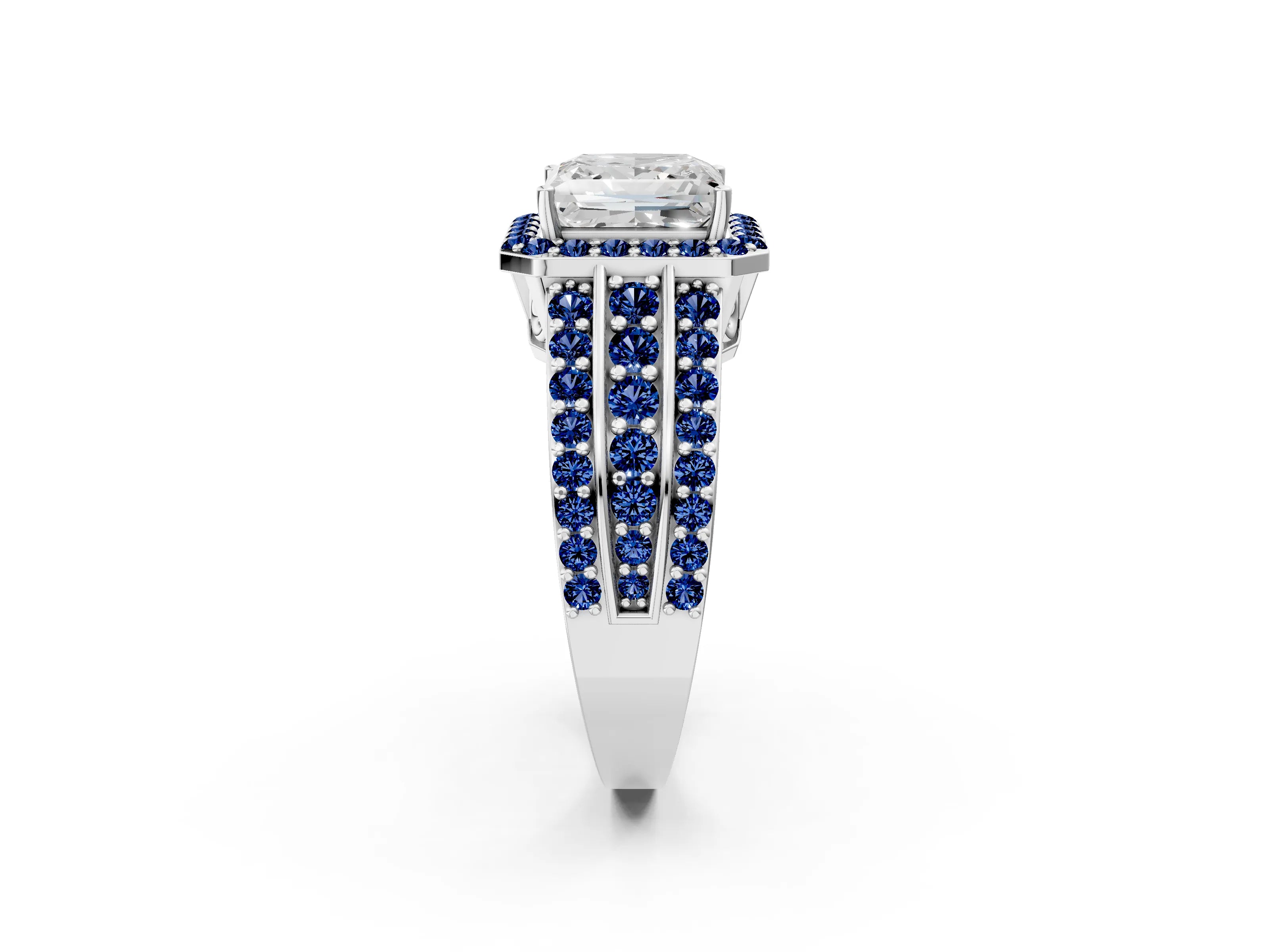 White gold Princess Cut Halo Diamond Ring with Round with Blue Sapphire side stone Split Shank and Prong Setting_26