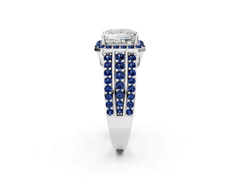 White gold Princess Cut Halo Diamond Ring with Round with Blue Sapphire side stone Split Shank and Prong Setting_26