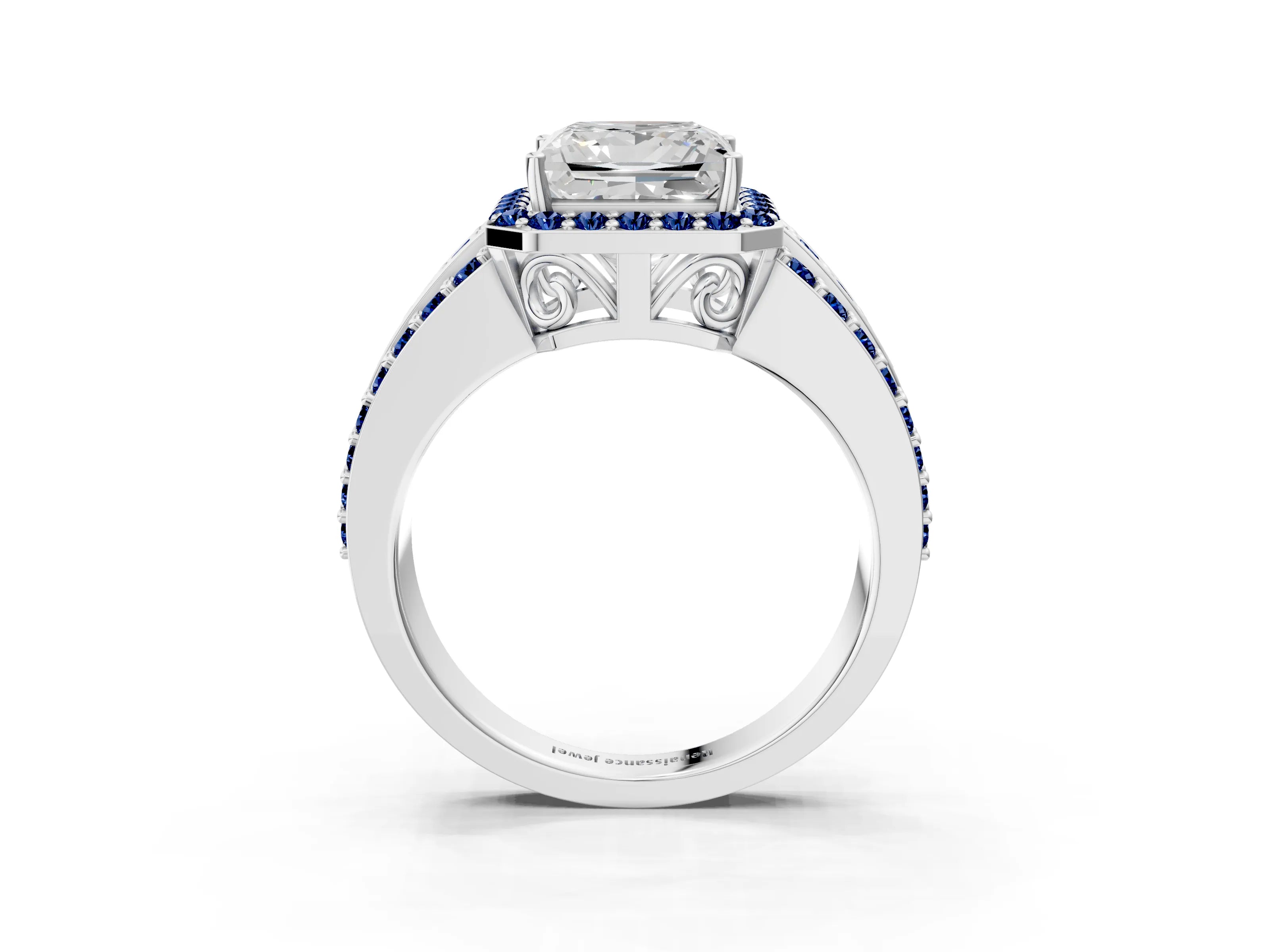 White gold Princess Cut Halo Diamond Ring with Round with Blue Sapphire side stone Split Shank and Prong Setting_27