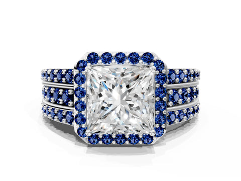 White gold Princess Cut Halo Diamond Ring with Round with Blue Sapphire side stone Split Shank and Prong Setting_48