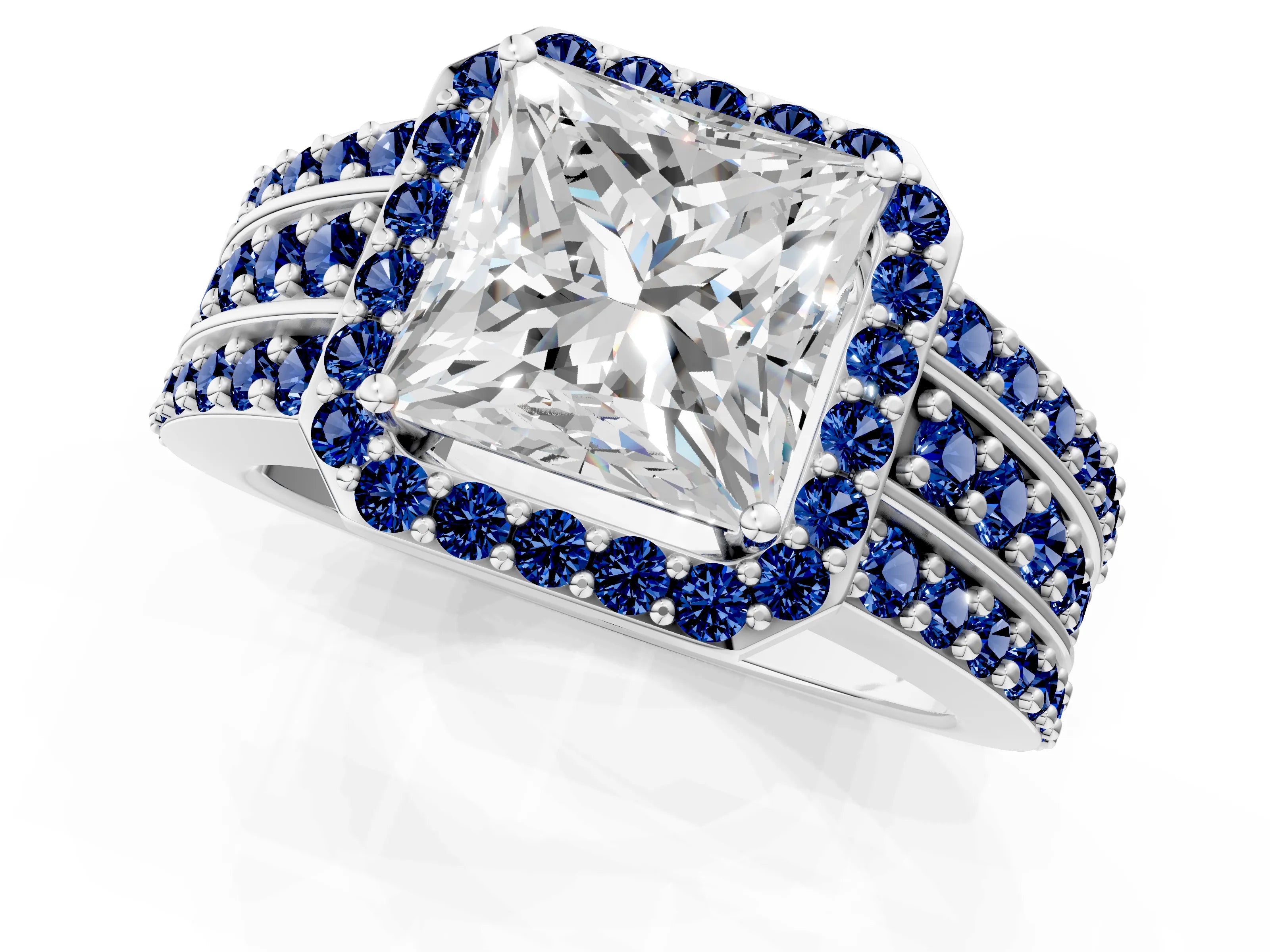 White gold Princess Cut Halo Diamond Ring with Round with Blue Sapphire side stone Split Shank and Prong Setting_49