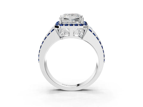 White gold Princess Cut Halo Diamond Ring with Round with Blue Sapphire side stone Split Shank and Prong Setting_51