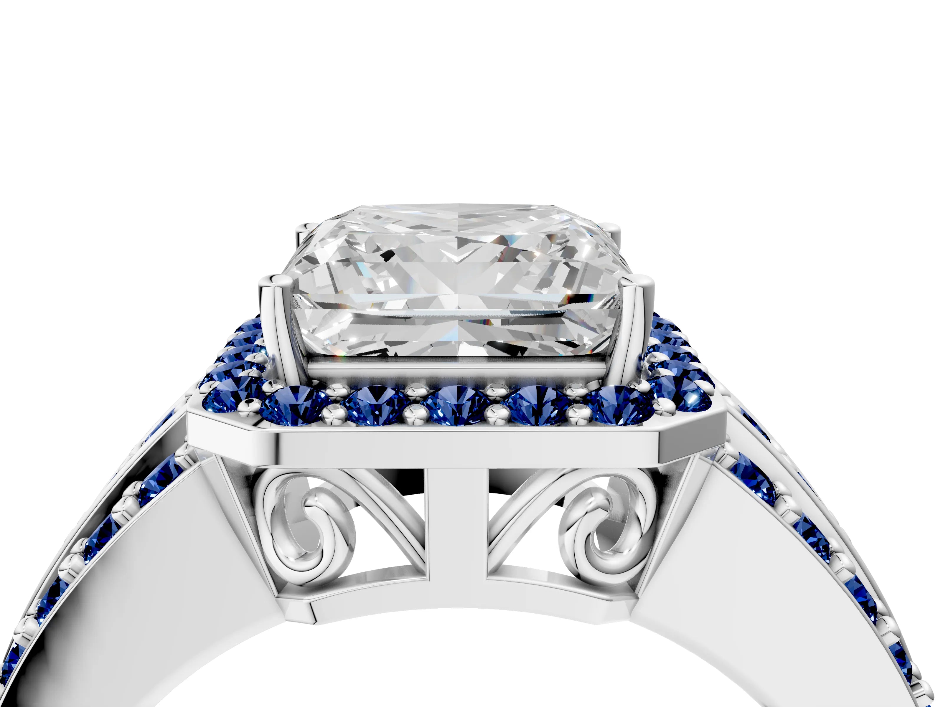 White gold Princess Cut Halo Diamond Ring with Round with Blue Sapphire side stone Split Shank and Prong Setting_52