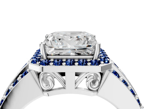 White gold Princess Cut Halo Diamond Ring with Round with Blue Sapphire side stone Split Shank and Prong Setting_52