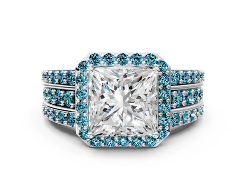 White gold Princess Cut Halo Diamond Ring with Round with Blue Topaz side stone Split Shank and Prong Setting_24