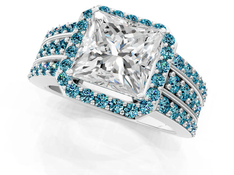 White gold Princess Cut Halo Diamond Ring with Round with Blue Topaz side stone Split Shank and Prong Setting_25