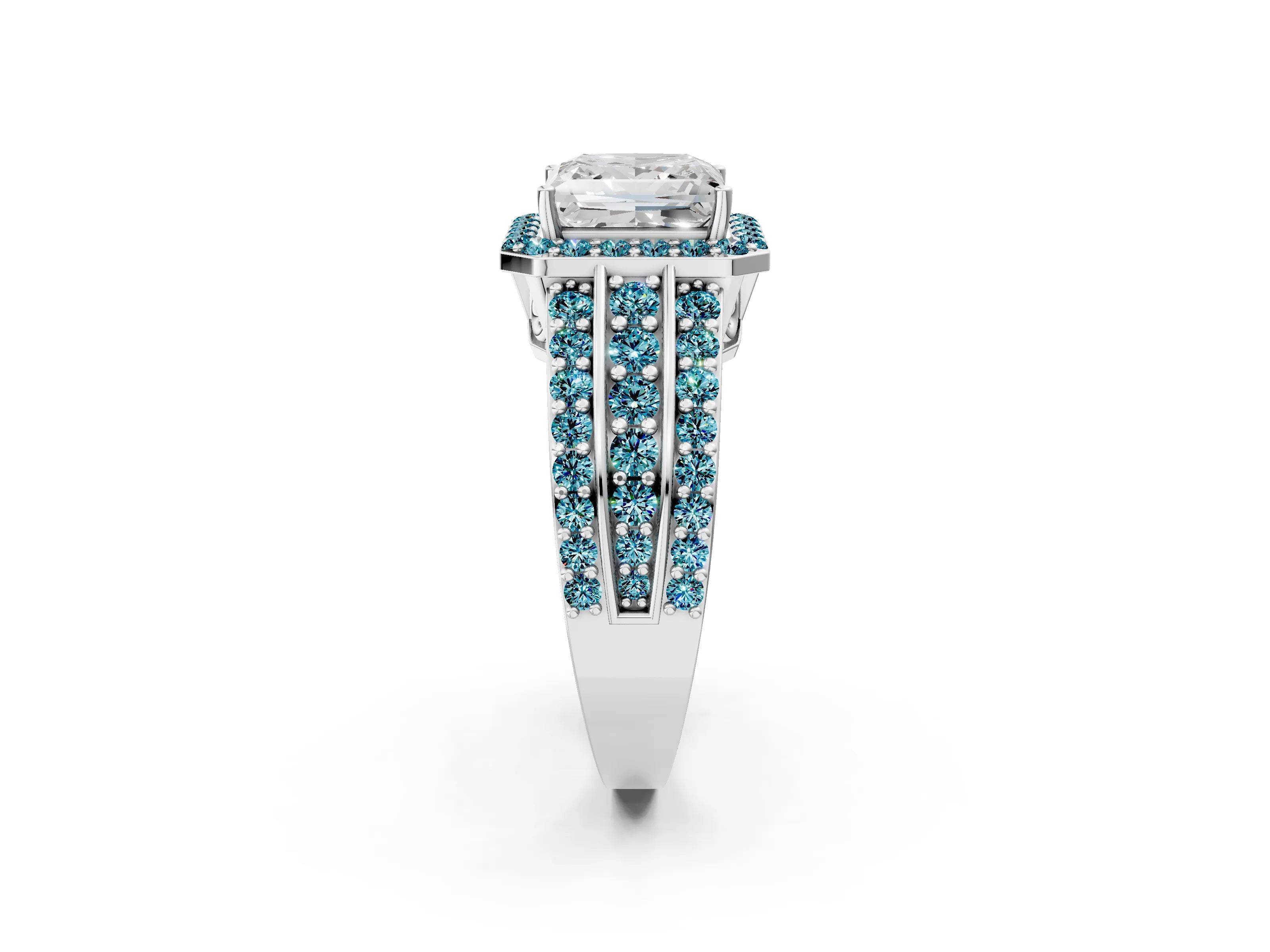 White gold Princess Cut Halo Diamond Ring with Round with Blue Topaz side stone Split Shank and Prong Setting_26