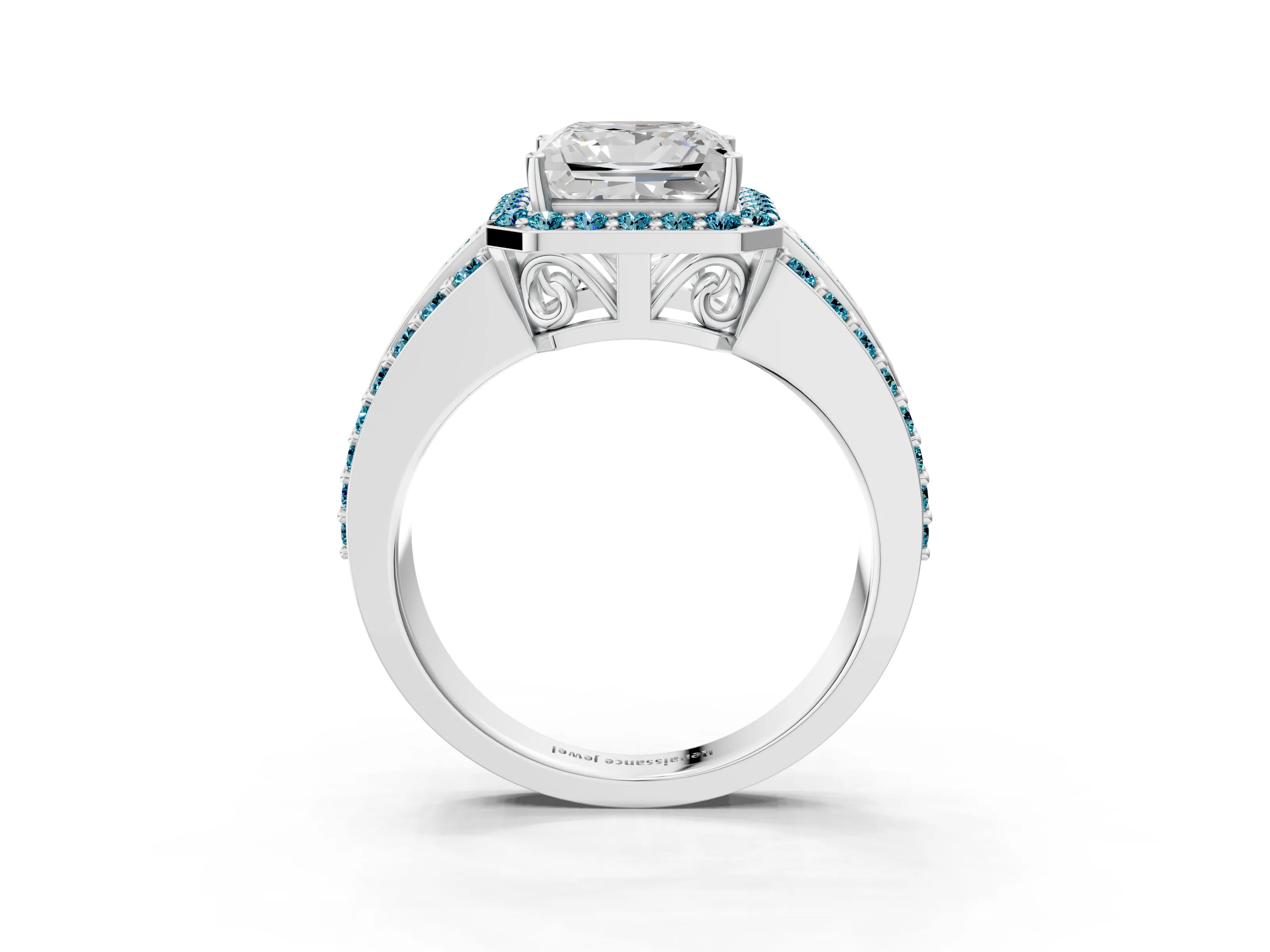 White gold Princess Cut Halo Diamond Ring with Round with Blue Topaz side stone Split Shank and Prong Setting_27