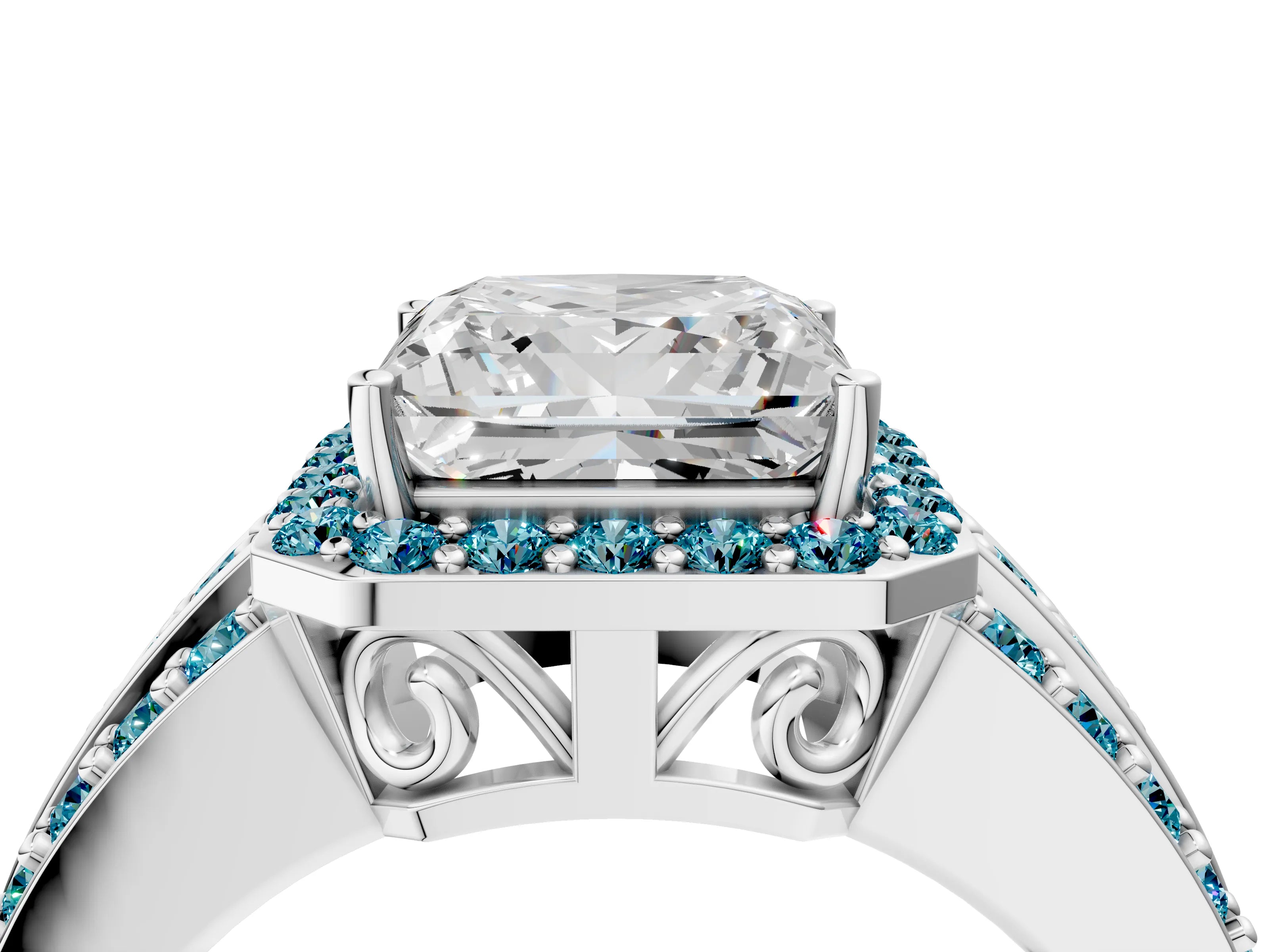 White gold Princess Cut Halo Diamond Ring with Round with Blue Topaz side stone Split Shank and Prong Setting_28