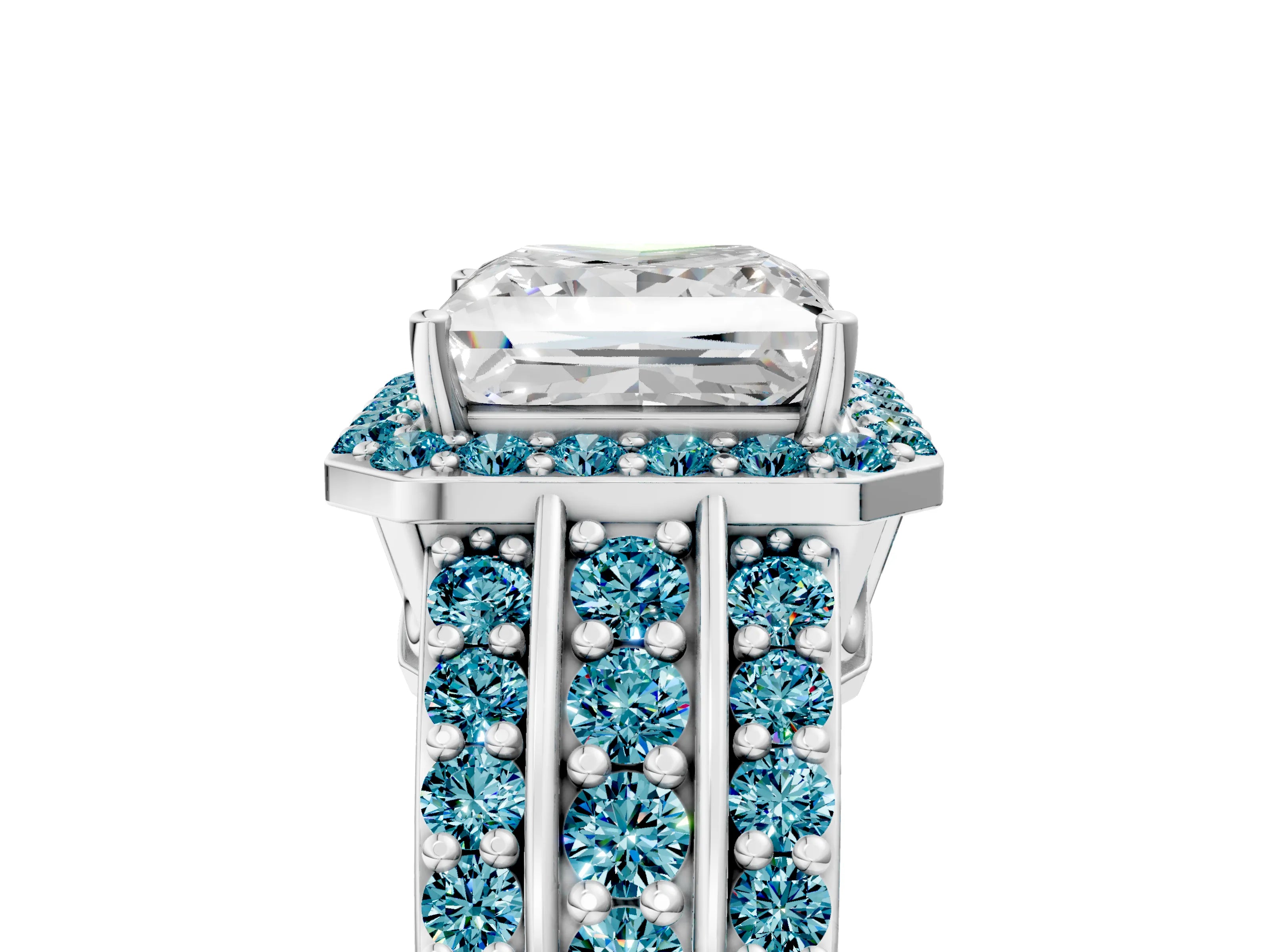 White gold Princess Cut Halo Diamond Ring with Round with Blue Topaz side stone Split Shank and Prong Setting_29