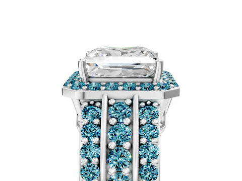 White gold Princess Cut Halo Diamond Ring with Round with Blue Topaz side stone Split Shank and Prong Setting_29