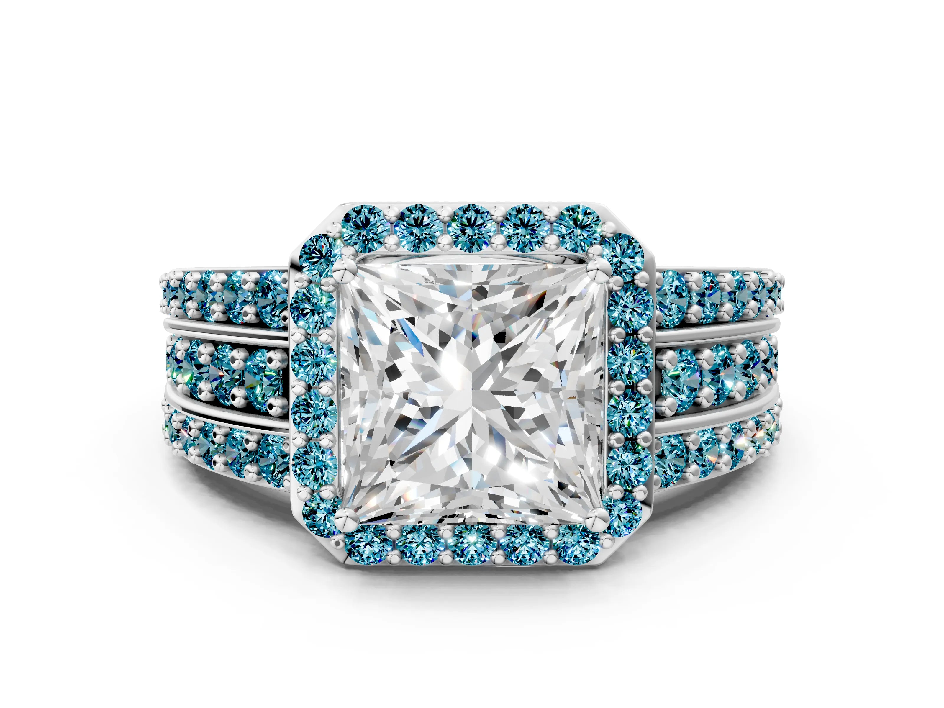 White gold Princess Cut Halo Diamond Ring with Round with Blue Topaz side stone Split Shank and Prong Setting_48
