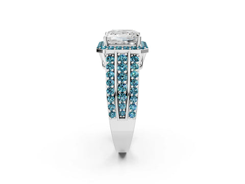 White gold Princess Cut Halo Diamond Ring with Round with Blue Topaz side stone Split Shank and Prong Setting_50