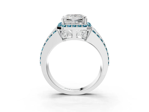 White gold Princess Cut Halo Diamond Ring with Round with Blue Topaz side stone Split Shank and Prong Setting_51