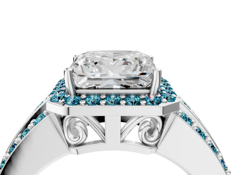 White gold Princess Cut Halo Diamond Ring with Round with Blue Topaz side stone Split Shank and Prong Setting_52