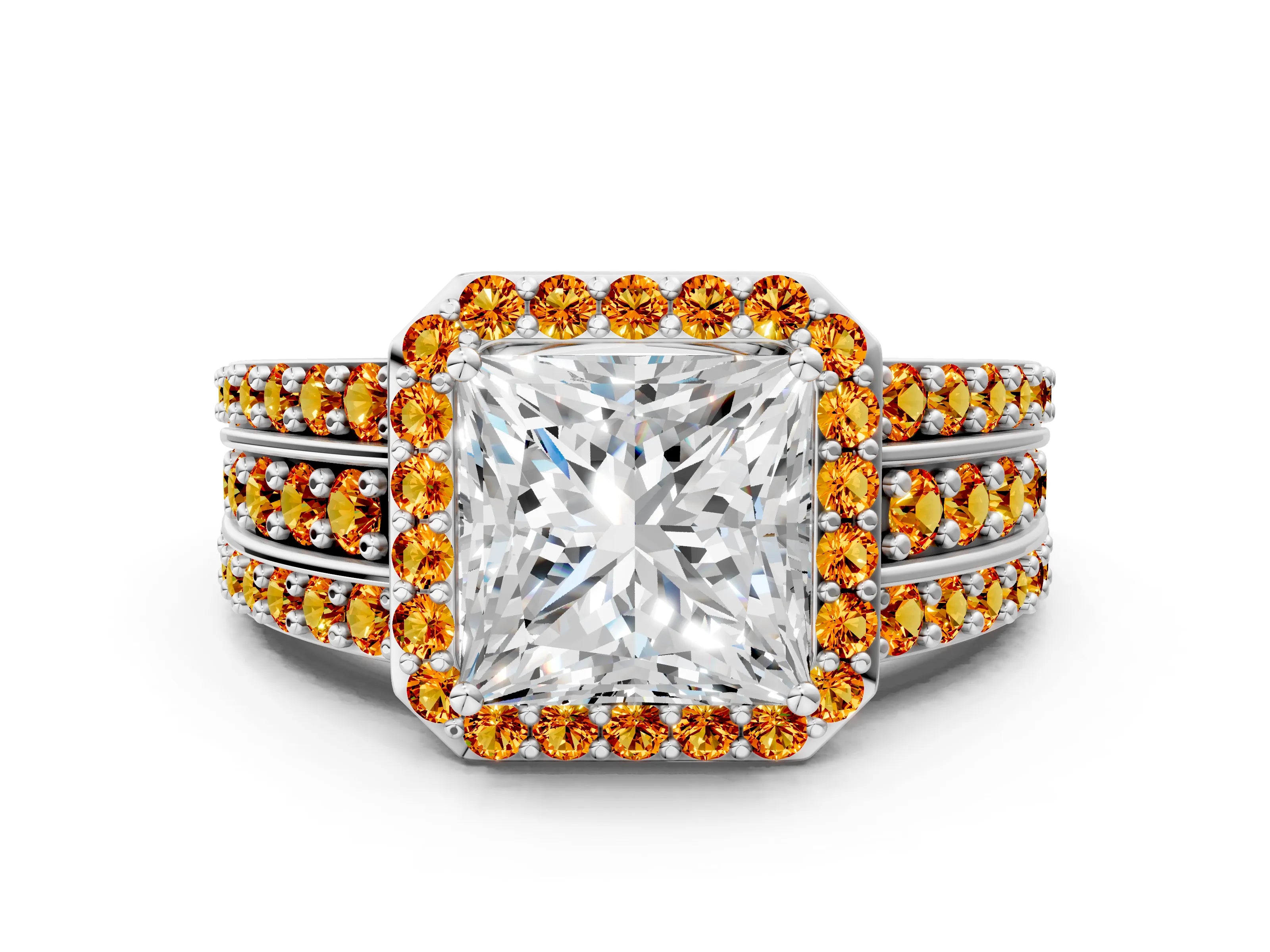 White gold Princess Cut Halo Diamond Ring with Round with Citrine side stone Split Shank and Prong Setting_12