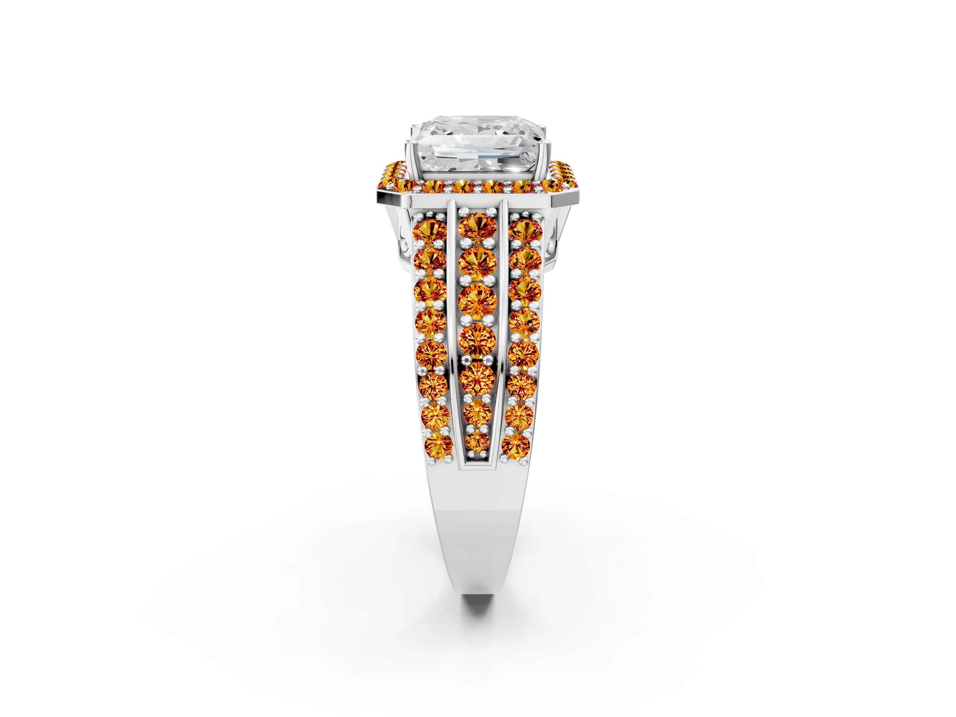 White gold Princess Cut Halo Diamond Ring with Round with Citrine side stone Split Shank and Prong Setting_14