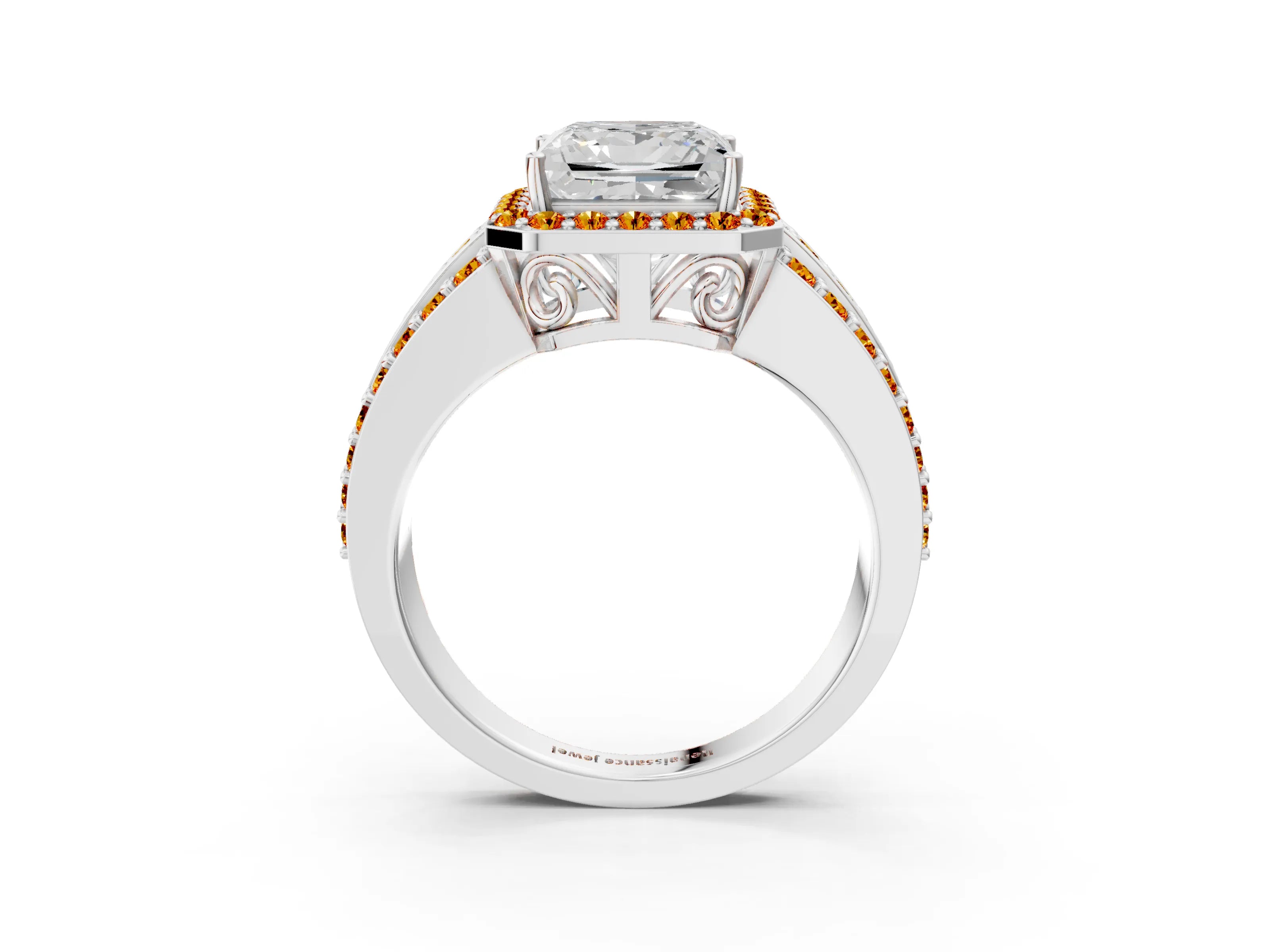 White gold Princess Cut Halo Diamond Ring with Round with Citrine side stone Split Shank and Prong Setting_15