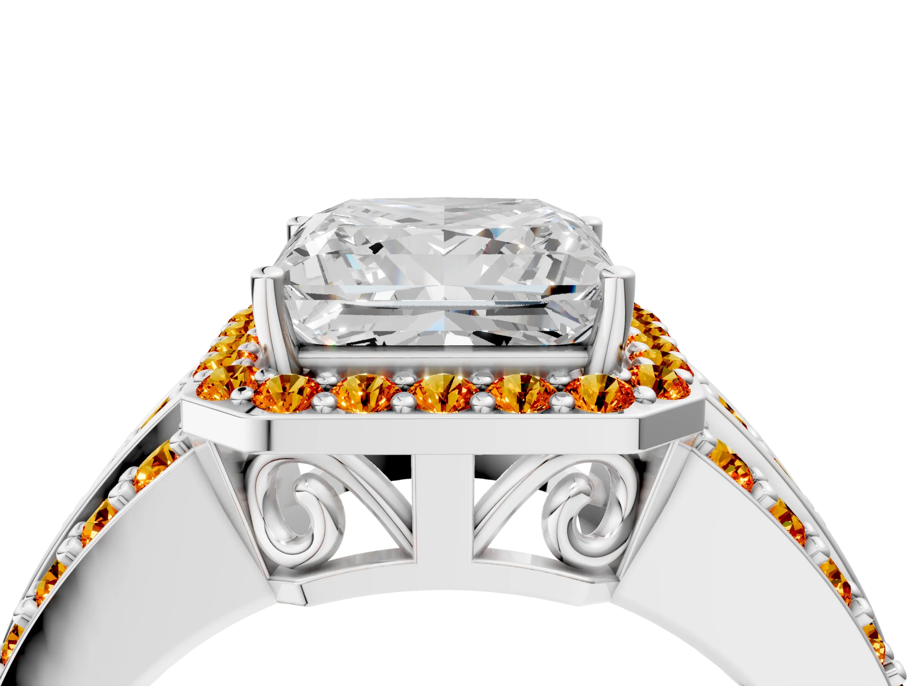 White gold Princess Cut Halo Diamond Ring with Round with Citrine side stone Split Shank and Prong Setting_16