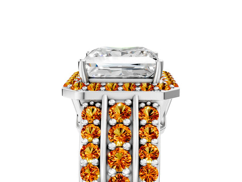 White gold Princess Cut Halo Diamond Ring with Round with Citrine side stone Split Shank and Prong Setting_17