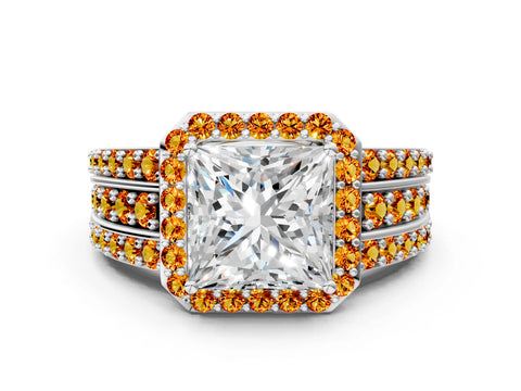 White gold Princess Cut Halo Diamond Ring with Round with Citrine side stone Split Shank and Prong Setting_24