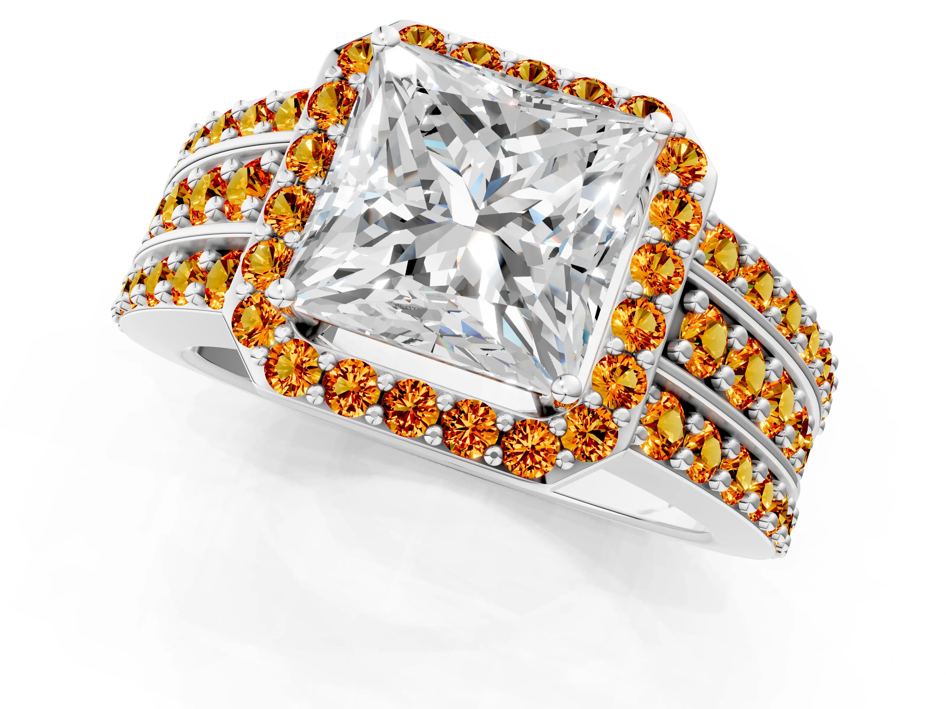 White gold Princess Cut Halo Diamond Ring with Round with Citrine side stone Split Shank and Prong Setting_25