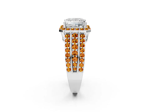 White gold Princess Cut Halo Diamond Ring with Round with Citrine side stone Split Shank and Prong Setting_26
