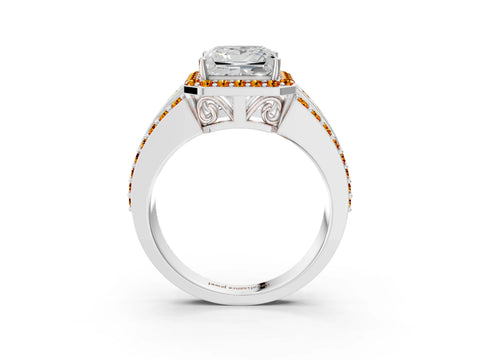 White gold Princess Cut Halo Diamond Ring with Round with Citrine side stone Split Shank and Prong Setting_27