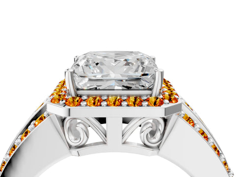 White gold Princess Cut Halo Diamond Ring with Round with Citrine side stone Split Shank and Prong Setting_28