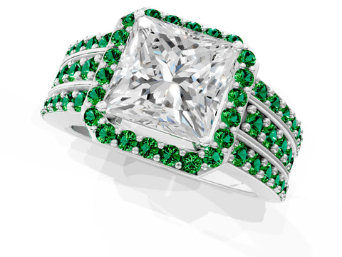 White gold Princess Cut Halo Diamond Ring with Round with Emerald side stone Split Shank and Prong Setting_13