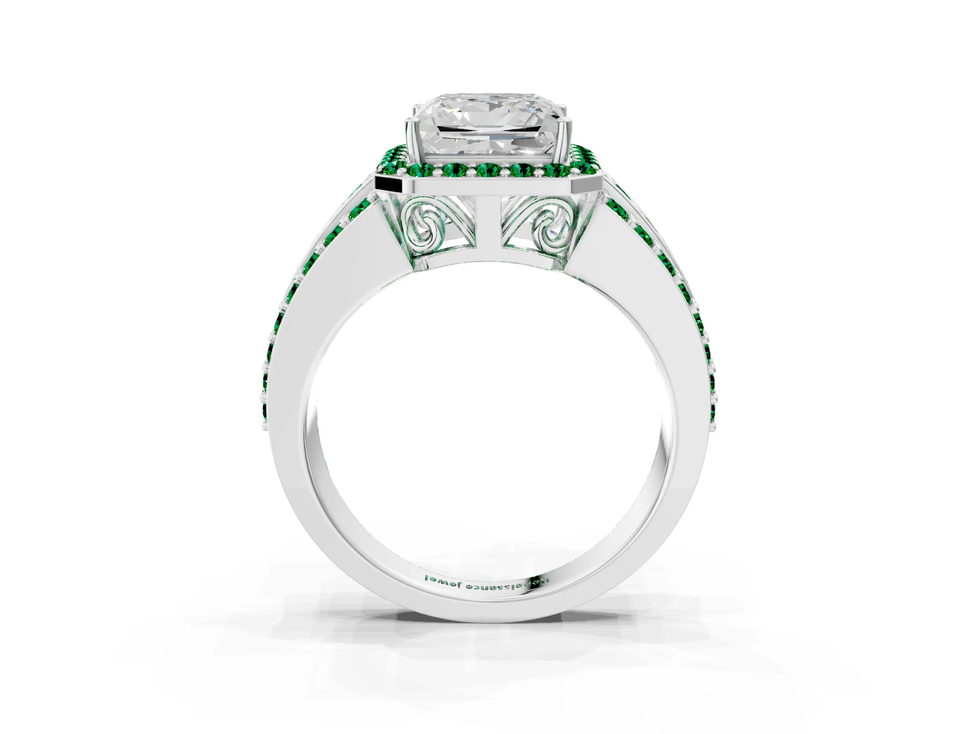 White gold Princess Cut Halo Diamond Ring with Round with Emerald side stone Split Shank and Prong Setting_15
