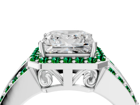 White gold Princess Cut Halo Diamond Ring with Round with Emerald side stone Split Shank and Prong Setting_16