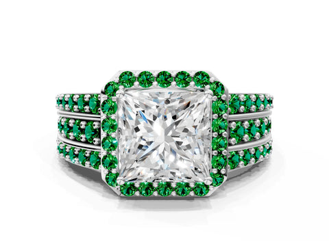 White gold Princess Cut Halo Diamond Ring with Round with Emerald side stone Split Shank and Prong Setting_36