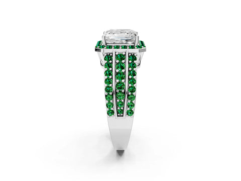 White gold Princess Cut Halo Diamond Ring with Round with Emerald side stone Split Shank and Prong Setting_38