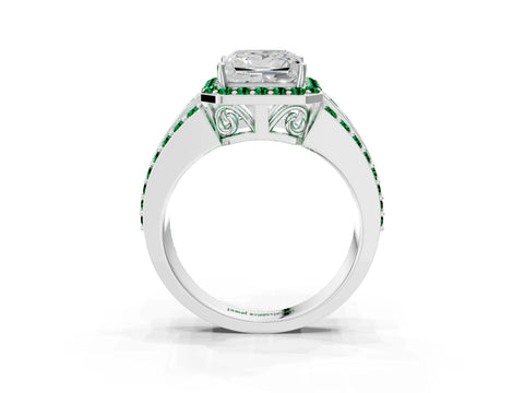 White gold Princess Cut Halo Diamond Ring with Round with Emerald side stone Split Shank and Prong Setting_39