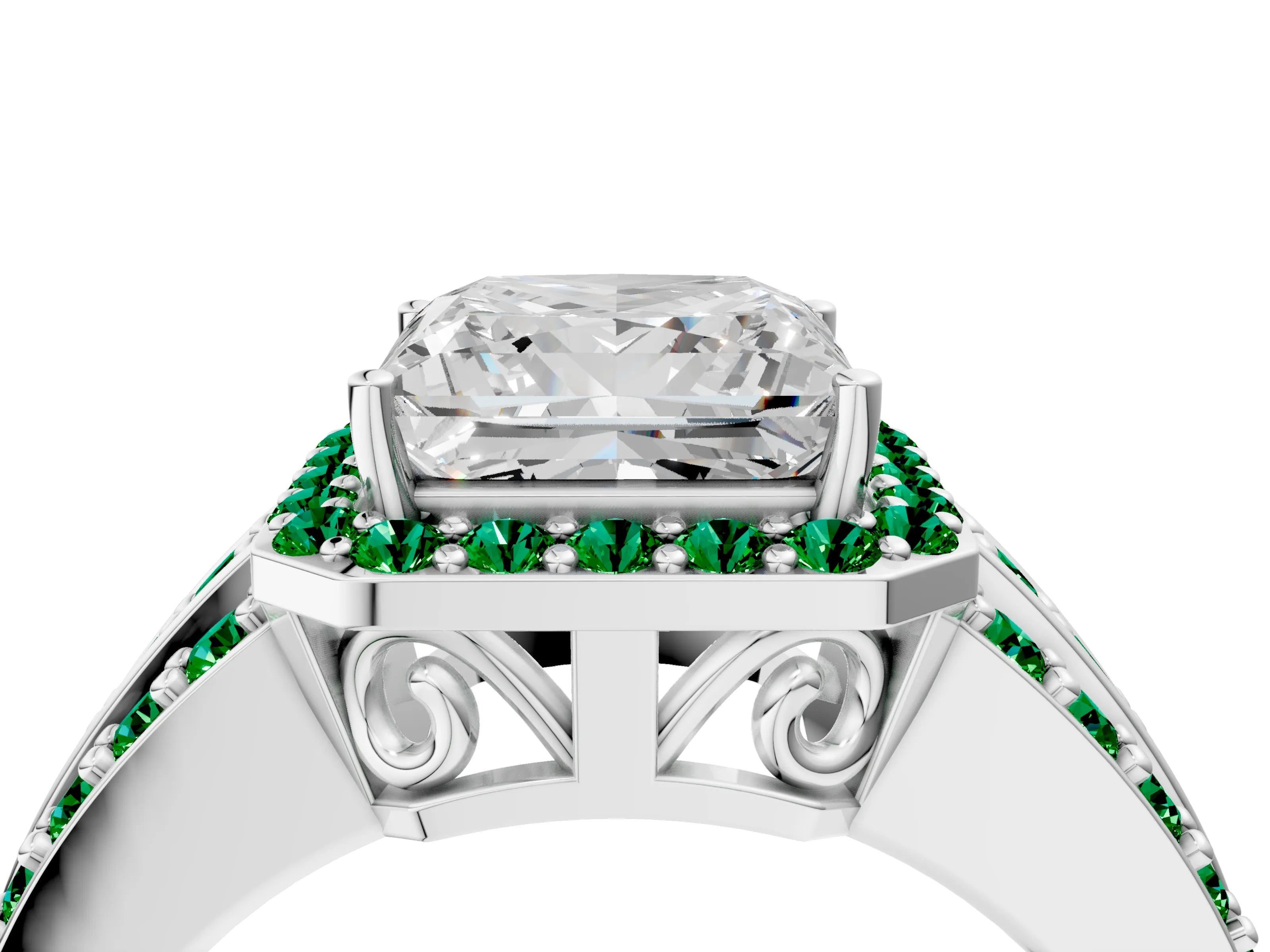 White gold Princess Cut Halo Diamond Ring with Round with Emerald side stone Split Shank and Prong Setting_40