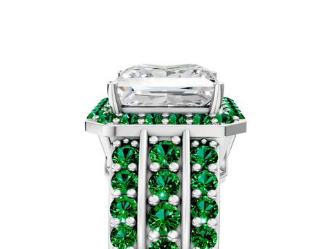 White gold Princess Cut Halo Diamond Ring with Round with Emerald side stone Split Shank and Prong Setting_41