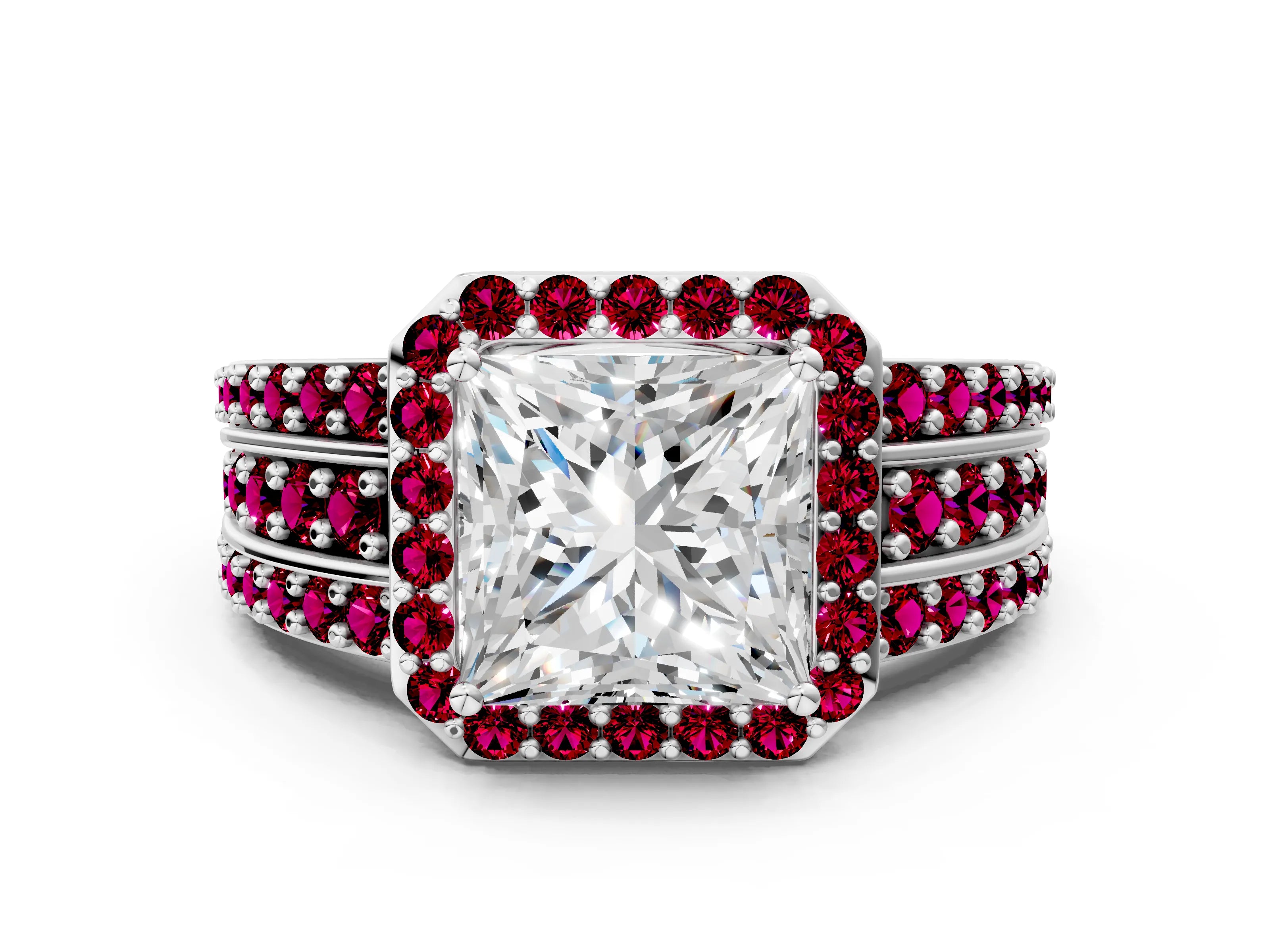 White gold Princess Cut Halo Diamond Ring with Round with Garnet side stone Split Shank and Prong Setting_12